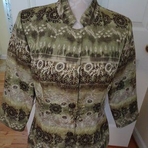 Sage Green Paisley 3/4 Sleeve Lined Jacket-Mandarin Collar-2 Button Closure